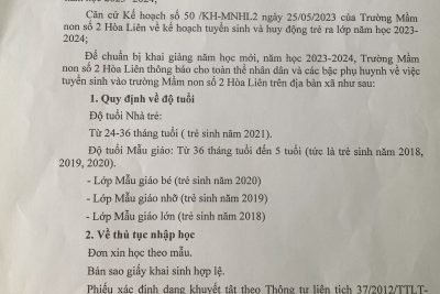 TRƯỜNG MẦM NON SỐ 2 HÒA LIÊN XIN THÔNG BÁO TUYỂN SINH NĂM HỌC 2023-2024