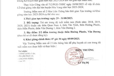 Trường Mầm non số 2 Hòa Liên xin thông báo thời gian Tựu trường và Khai giảng năm học 2023-2024.